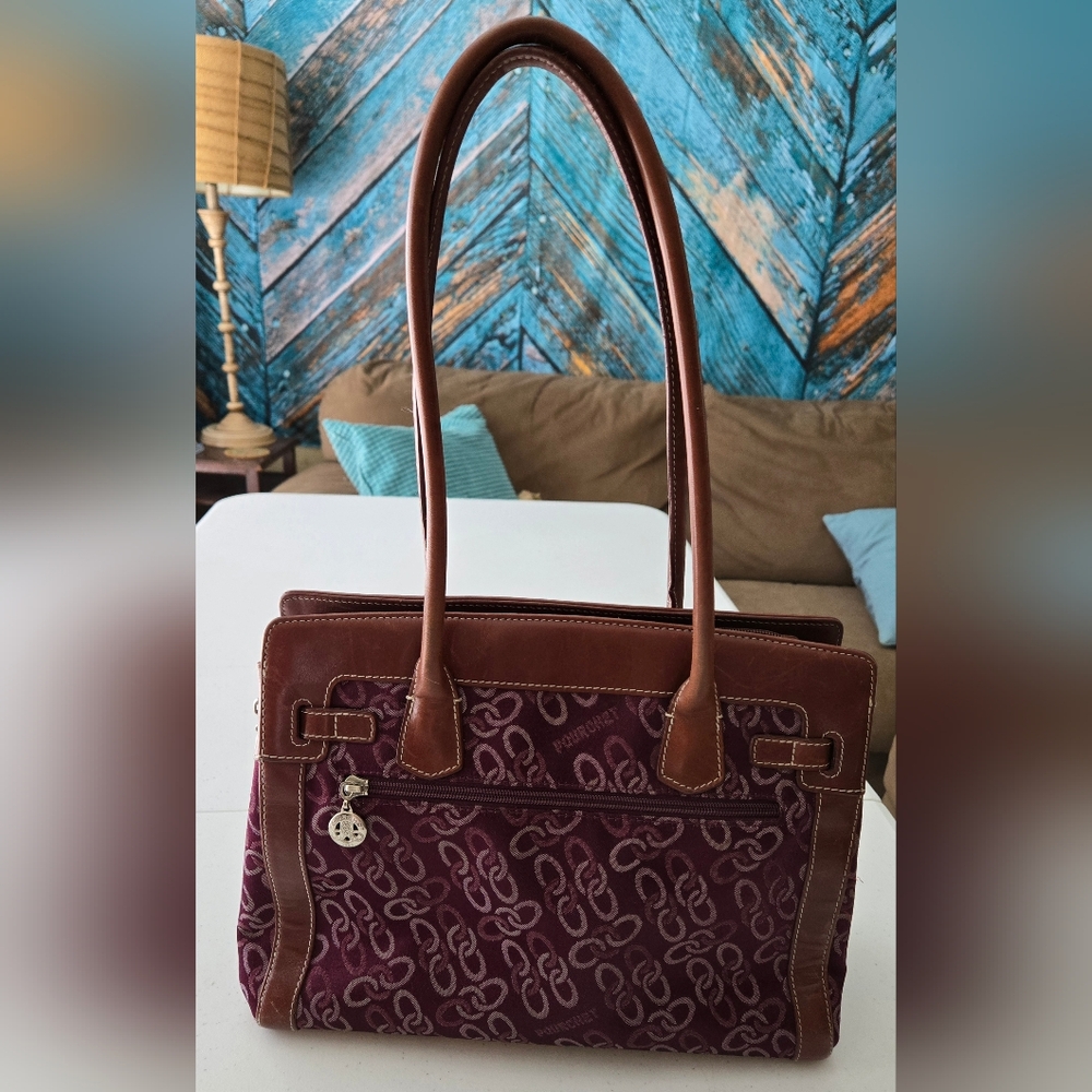 👛 Pourchet Shoulder Bag Burgundy & Leather Double Handle EUC - Picture 2 of 9